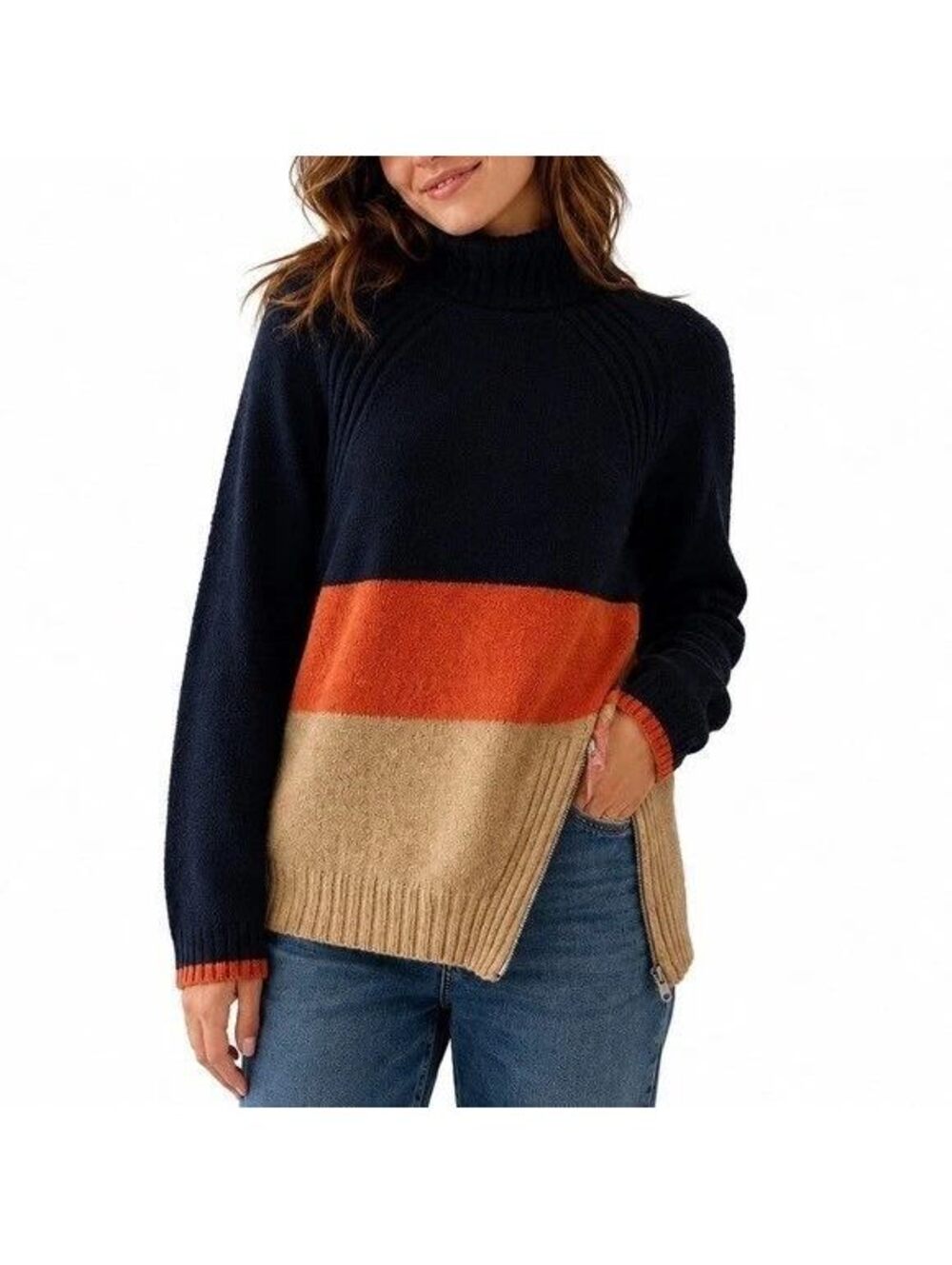 Abercrombie Colorblock Side Zip Mock Neck Sweater Wool Blend CabinCore Preppy M